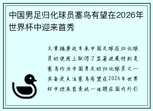 中国男足归化球员塞鸟有望在2026年世界杯中迎来首秀