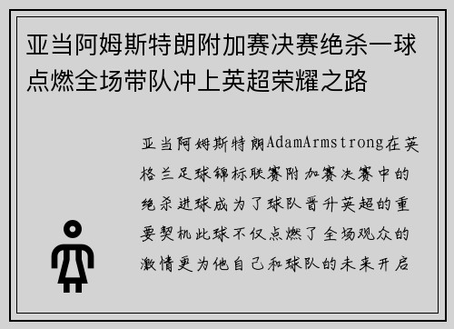 亚当阿姆斯特朗附加赛决赛绝杀一球点燃全场带队冲上英超荣耀之路